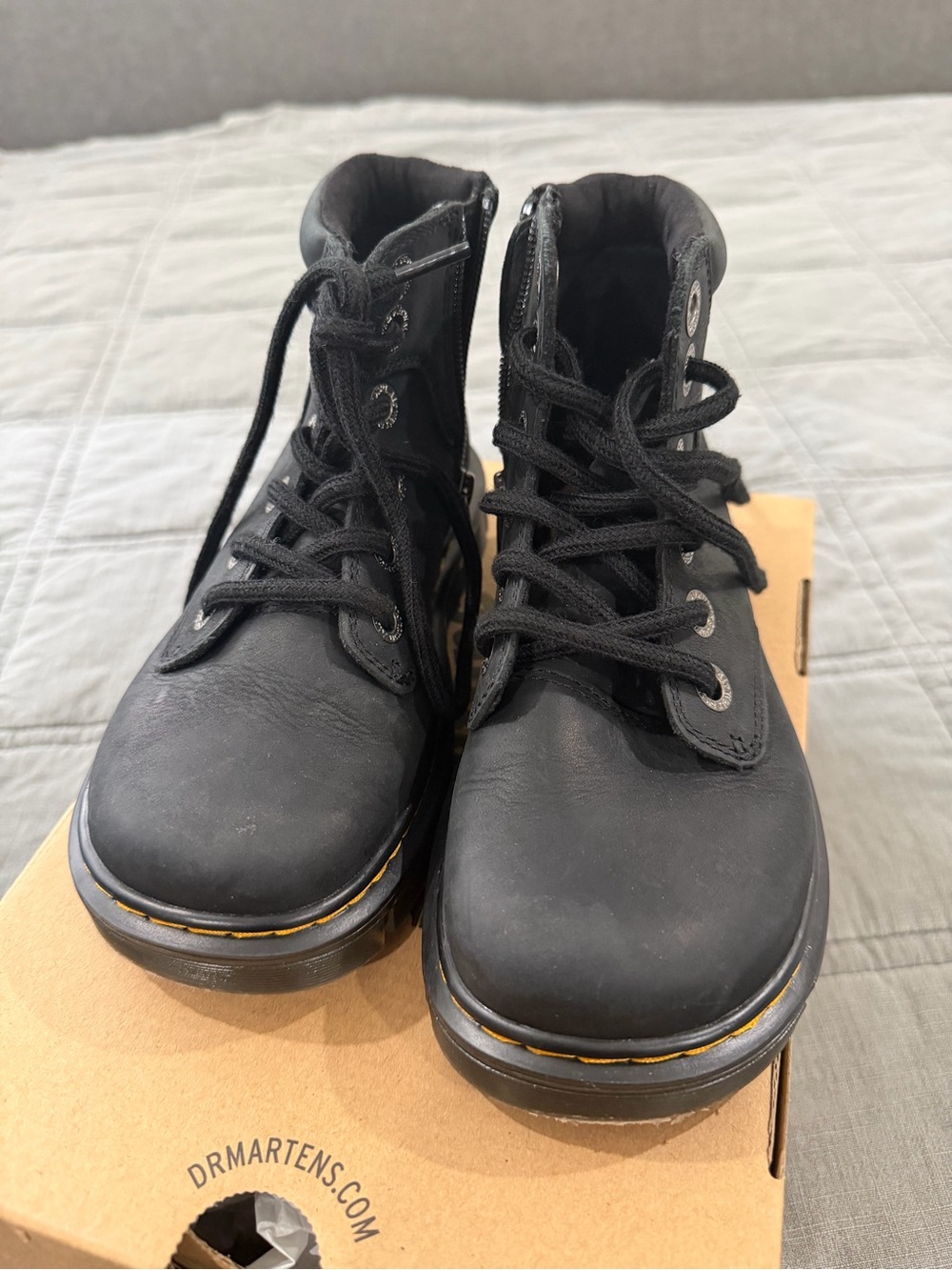 Dr. Martens Black Lace-Up Kids' Ankle Boots with Yellow Stitching